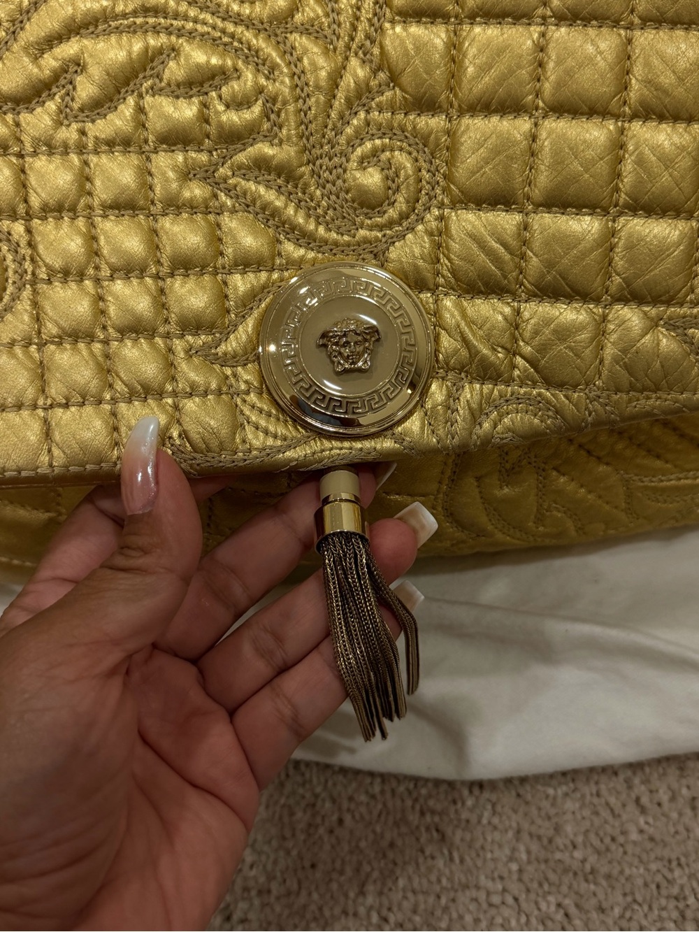Versace Gold Quilted Leather Shoulder Bag with Tassel